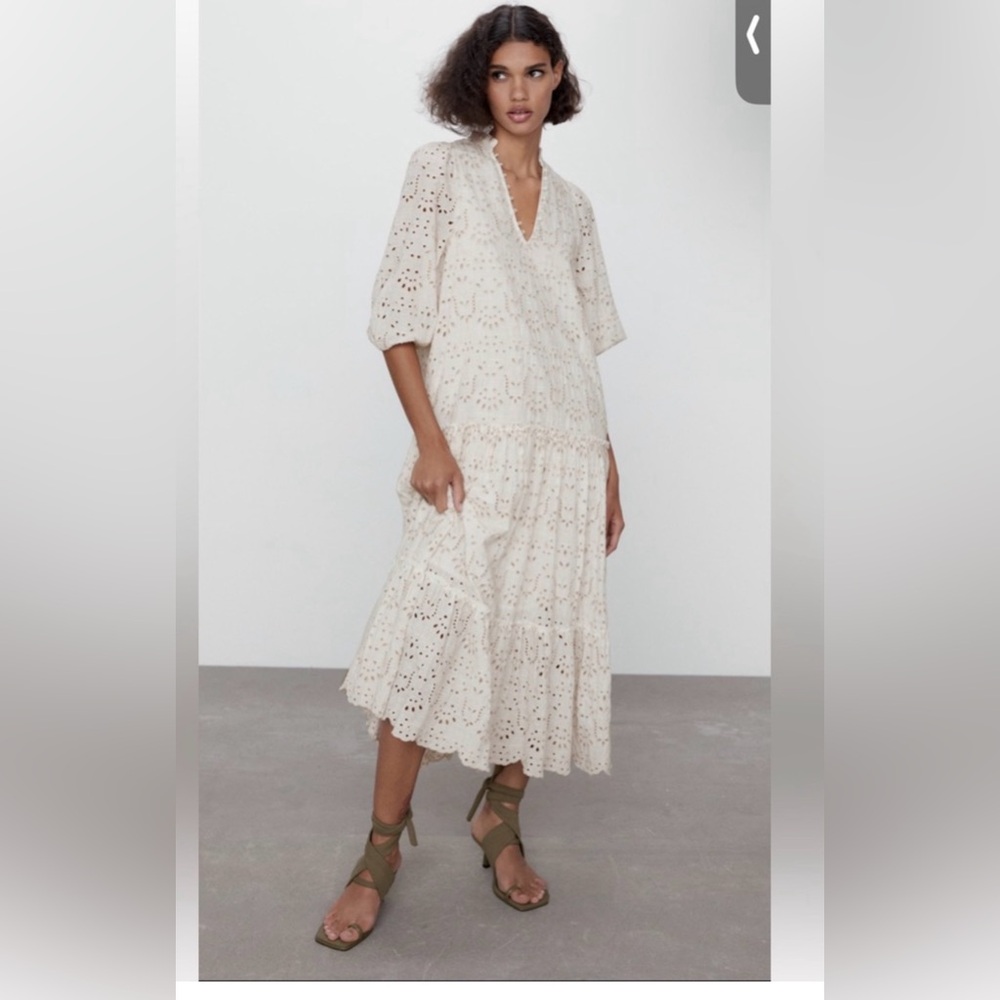 Zara Cream Eyelet Midi Dress Size M